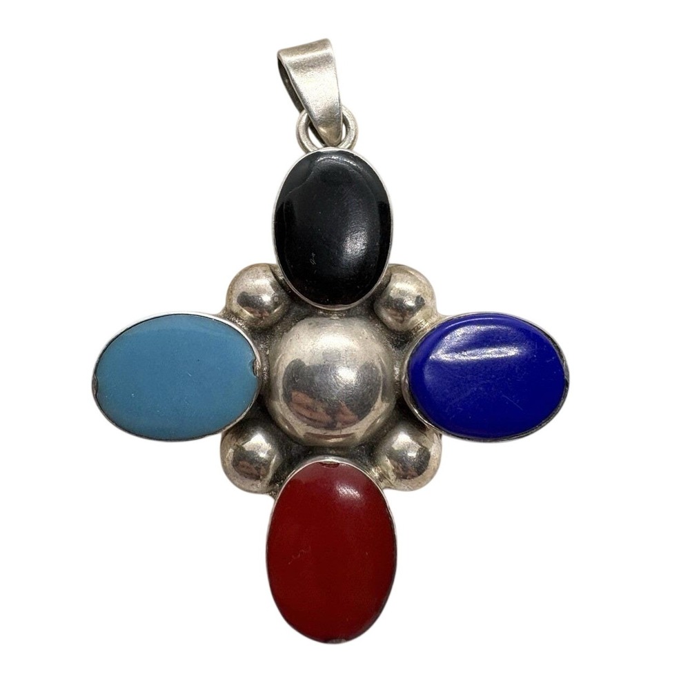 Vintage‎ Taxco Sterling Silver Pendant TS-85 Mexican Modernist Multicolor 25g